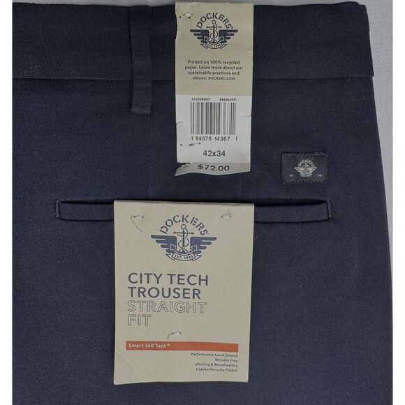 Dockers Mens 42 x 34 Blue City Tech Straight Fit Trouser Wrinkle Free Wicking - Picture 6 of 8